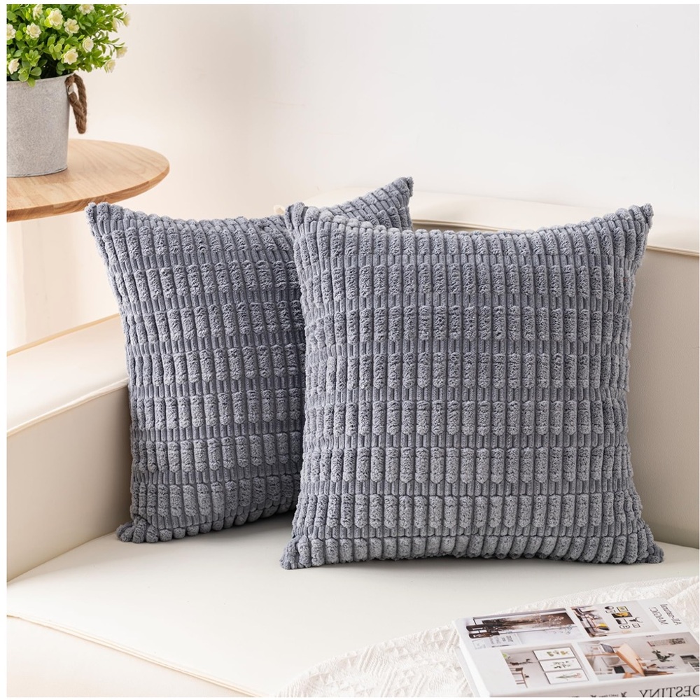 Gray Modern Farmhouse Textured Corduroy Pillow Covers SQUARE 20x20” (2-pack)
